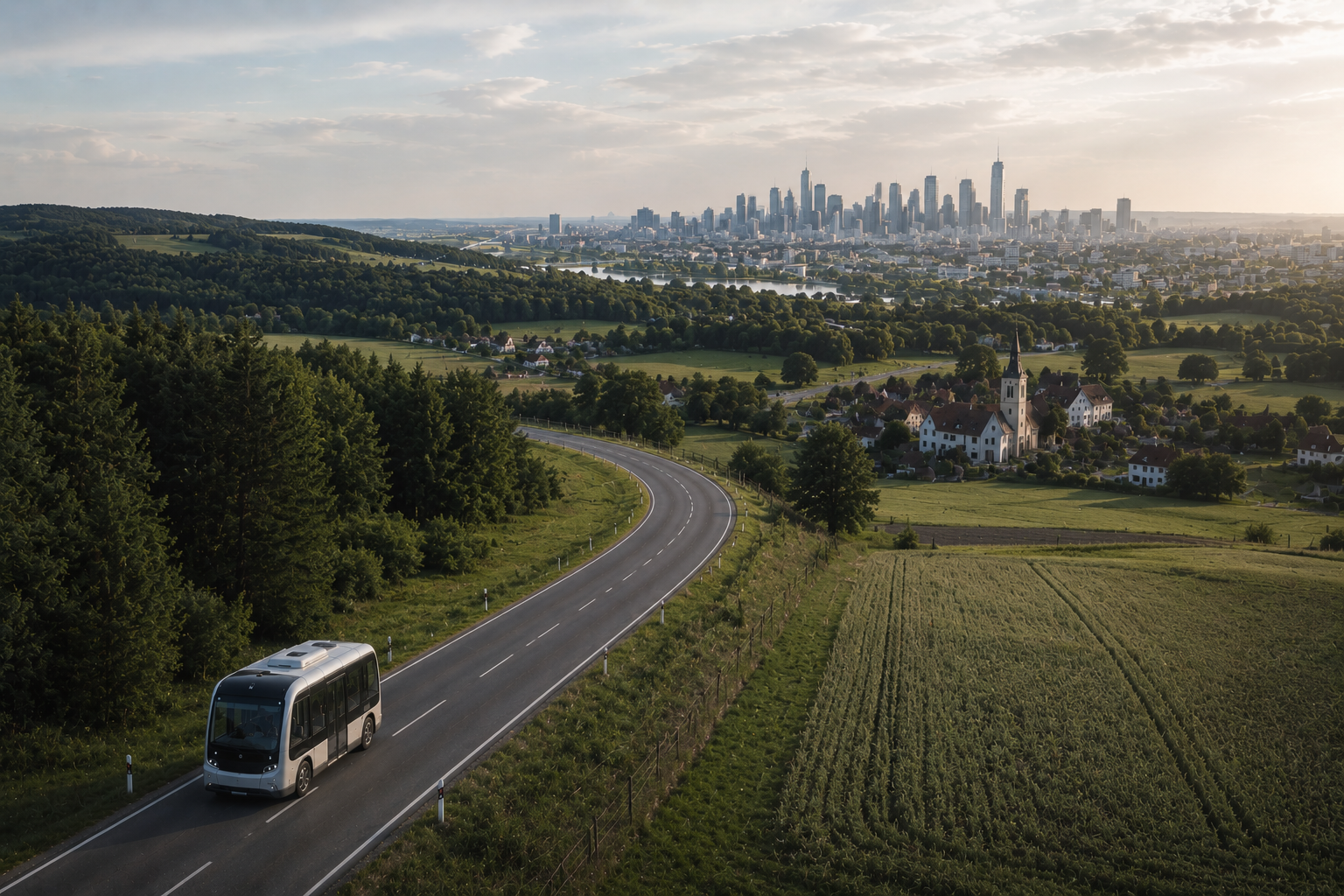 Autonome Shuttlebusse und elektrische Stadtbusse an einer intelligenten Haltestelle in einer vernetzten urbanen Umgebung bei Sonnenuntergang.