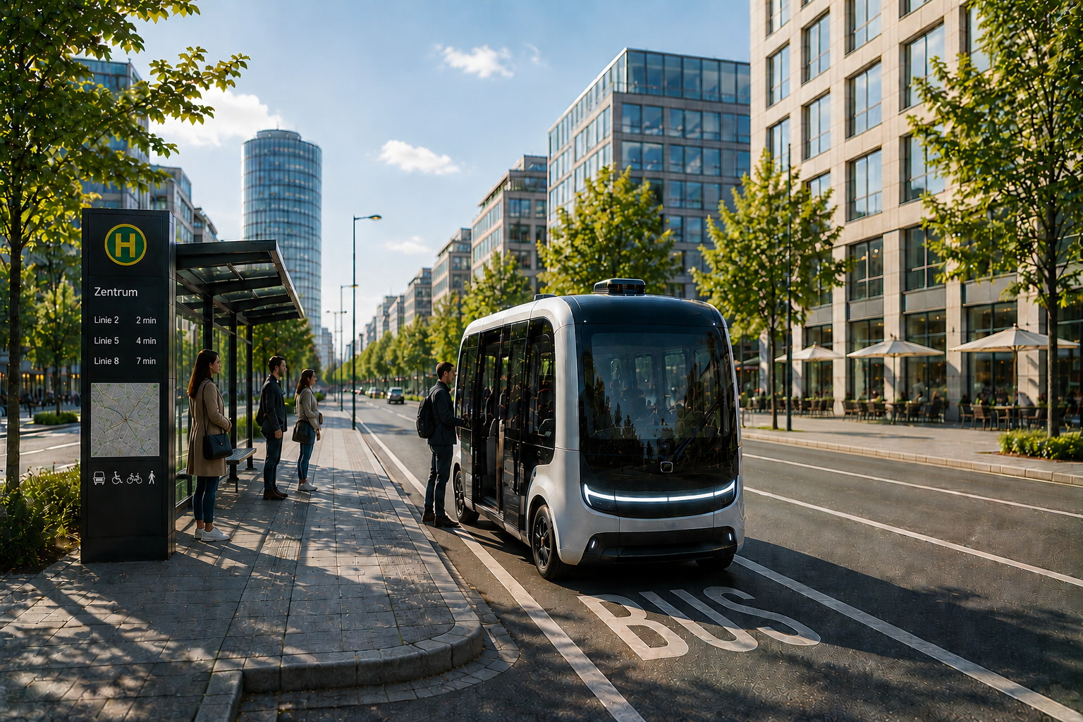 Ein autonomer Shuttlebus verbindet ländliche Regionen mit einer modernen Metropole und zeigt nachhaltige Mobilität zwischen Stadt und Umland.