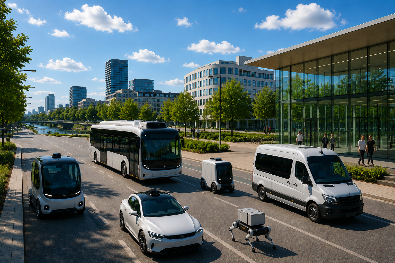 Autonome Fahrzeuge und Lieferroboter bewegen sich durch ein modernes, nachhaltiges Stadtquartier mit intelligenter Infrastruktur und emissionsfreier Mobilität.