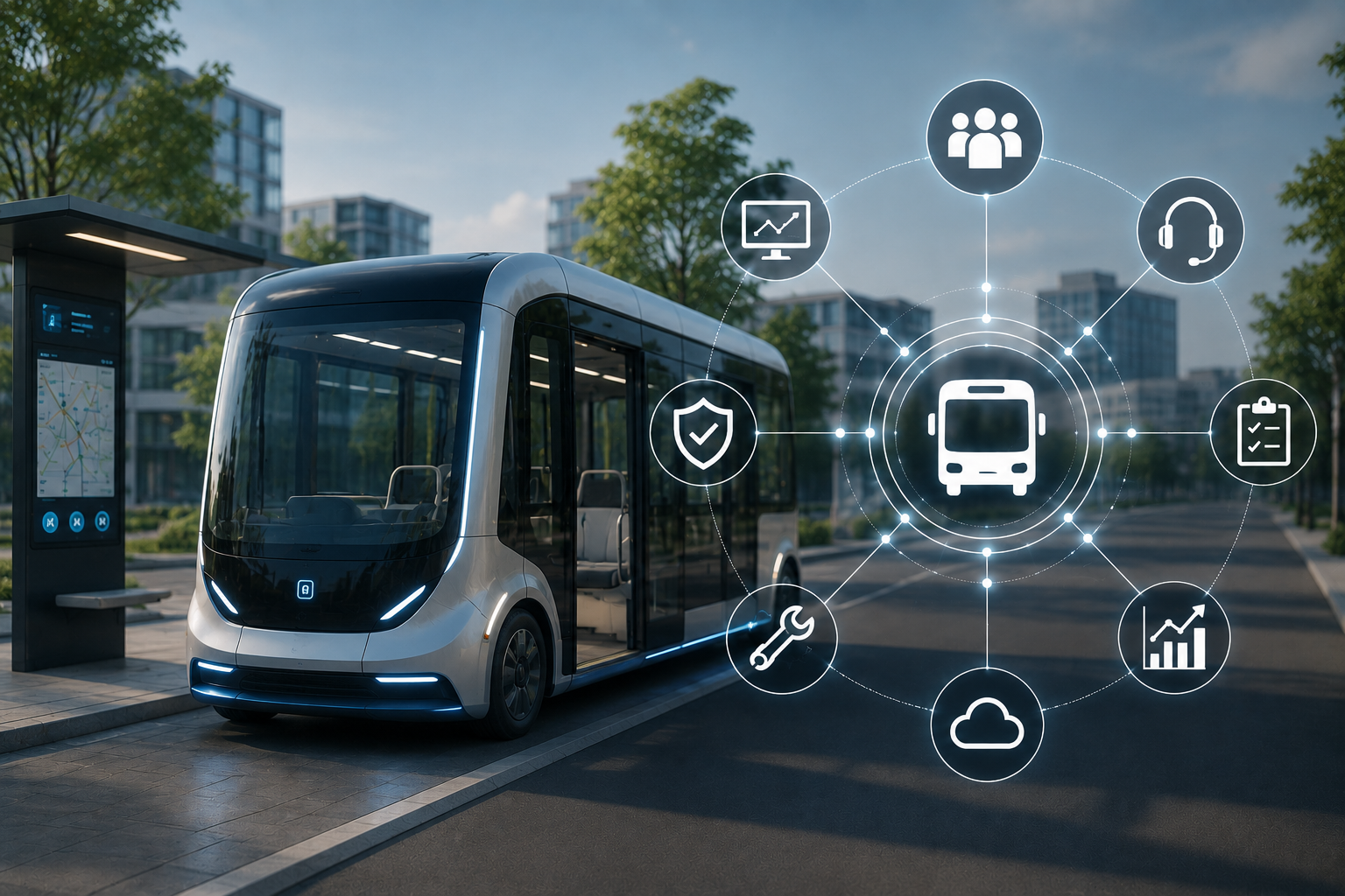 Ein futuristischer ÖPNV Bus, der keinen Fahrer mehr benötigt steht an einer Bushaltestelle. Rechts im Bild befinden sich mehrere Icons. In der Mitte ein Bus und außenherum weitere Icons wie Cloud, Team, Sicherheit....