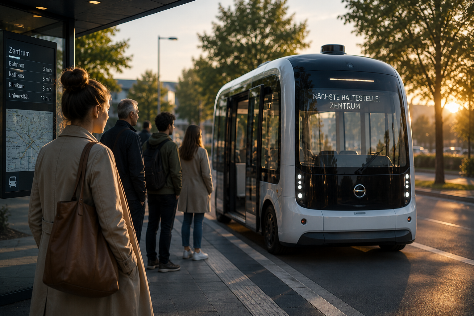 Ein autonomer Bus steht an einer Haltestelle, bei Sonnenaufgang. Mehrere Personen stehen an der Haltestelle und warten bis sie einsteigen dürfen. 