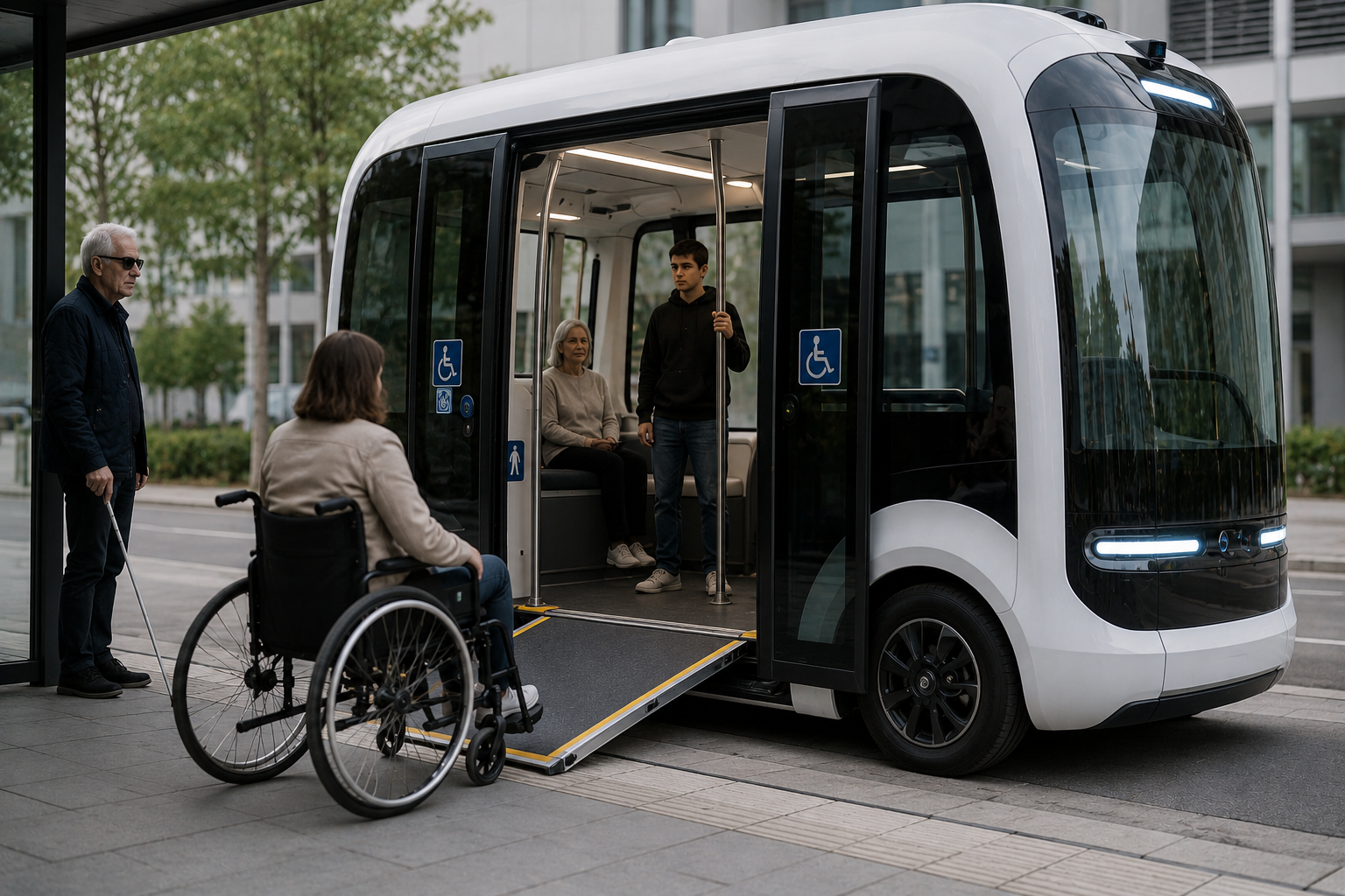 Ein Autonomer ÖPNV Bus in etwas kleinerer Version steht an einer Haltestelle. Im Fahrzeug sitzt eine ältere Frau und ein junger Mann steht und hält sich an einer Stange. Die Schiebetür des Fahrzeugs ist offen und eine Rampe für Rollstuhlfahrer ist herausgefahren. Vor der Rampe steht eine Rollstuhlfahrerin, links daneben steht ein älterer Herr mit Blindenstock.