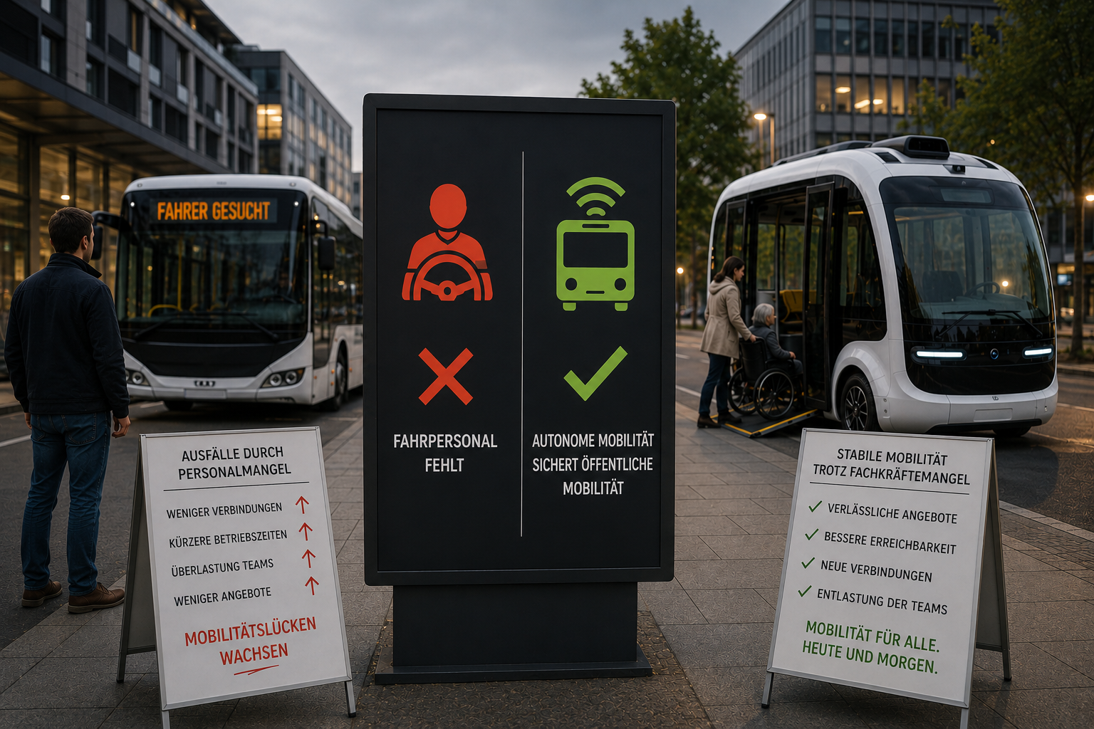 Das Bild ist in der Mitte durch ein Schild in zwei hälften geteilt, Fahrerpersonal fehlt und Autonome Mobilität sichert öffentliche Mobilität. Links ein normaler Bus auf dem "FAHRER GESUCHT" steht. Vor dem Bus steht ein Mann sowie ein Schild mit Argumenten zu "Ausfälle durch Personalmangel - Mobilitätslücken wachsen". Rechts befindet sich ein autonomer Bus in den gerade ein Rollstuhlfahrer reingeschoben wird. Auf dem Schild davor stehen Argumente zu "Stabile Mobilität trotz Fachkräftemangel - Mobilität für alle. Heute und Morgen."