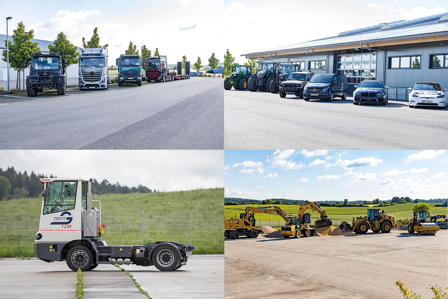 Eine Collage aus vier Bildern. Links oben: Ein Unimog und 3 LKWs die nebeneinander präsentiert sind. Unten Links: Ein weißer Terminal Truck. Oben Rechts: 4 verschieden PKWs und links daneben 3 verschiedene Traktoren. Unten Rechts: Mehrere Baufahrzeuge die an einem Kieshaufen arbeiten (Bagger, Radlader,...).